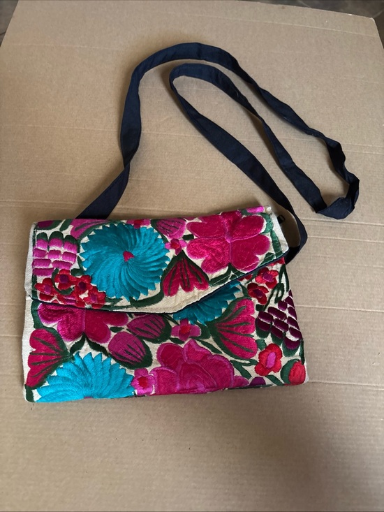 Handbags - Mexican Boho Embroidered Floral Crossbody Bag in Pink & Teal w defects vintage
